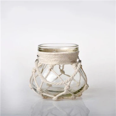 Mini-Teelichthalter aus Glas, helles Seilgeflecht